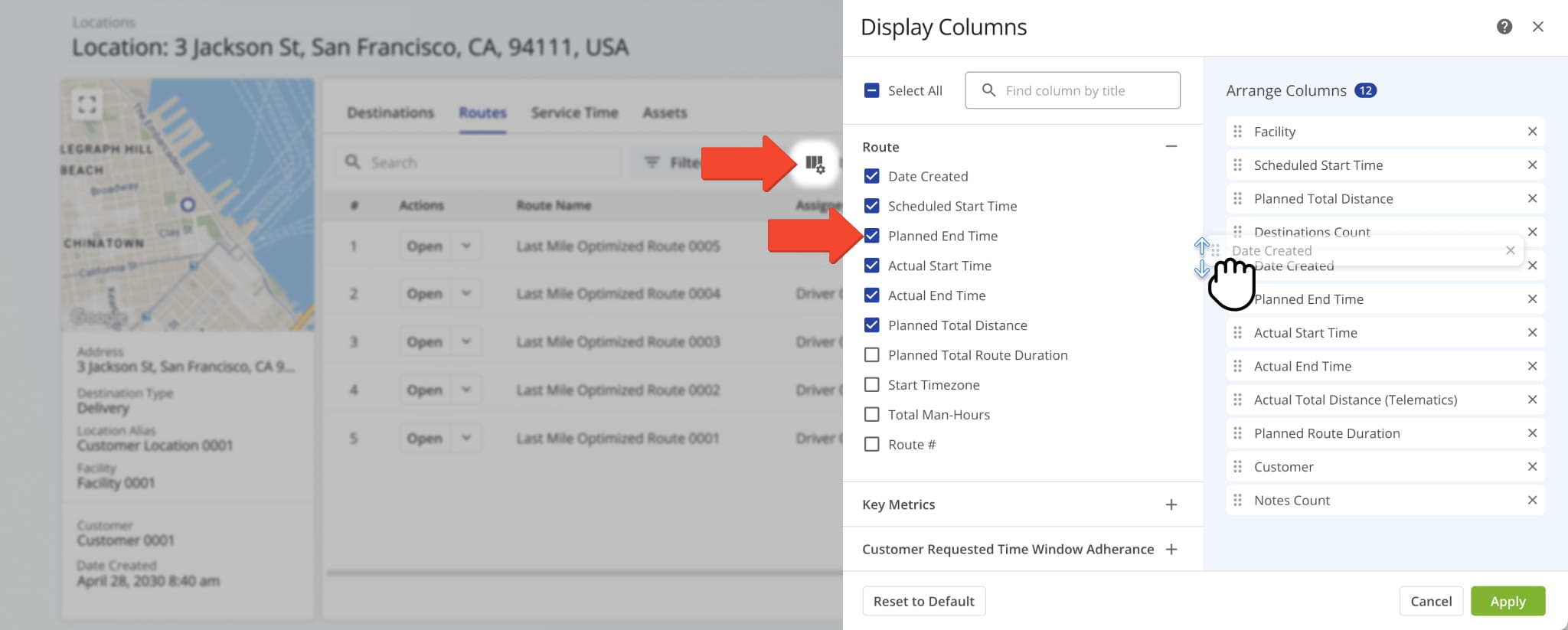 Customize the table by selecting, ordering, and displaying the route data fields you need.