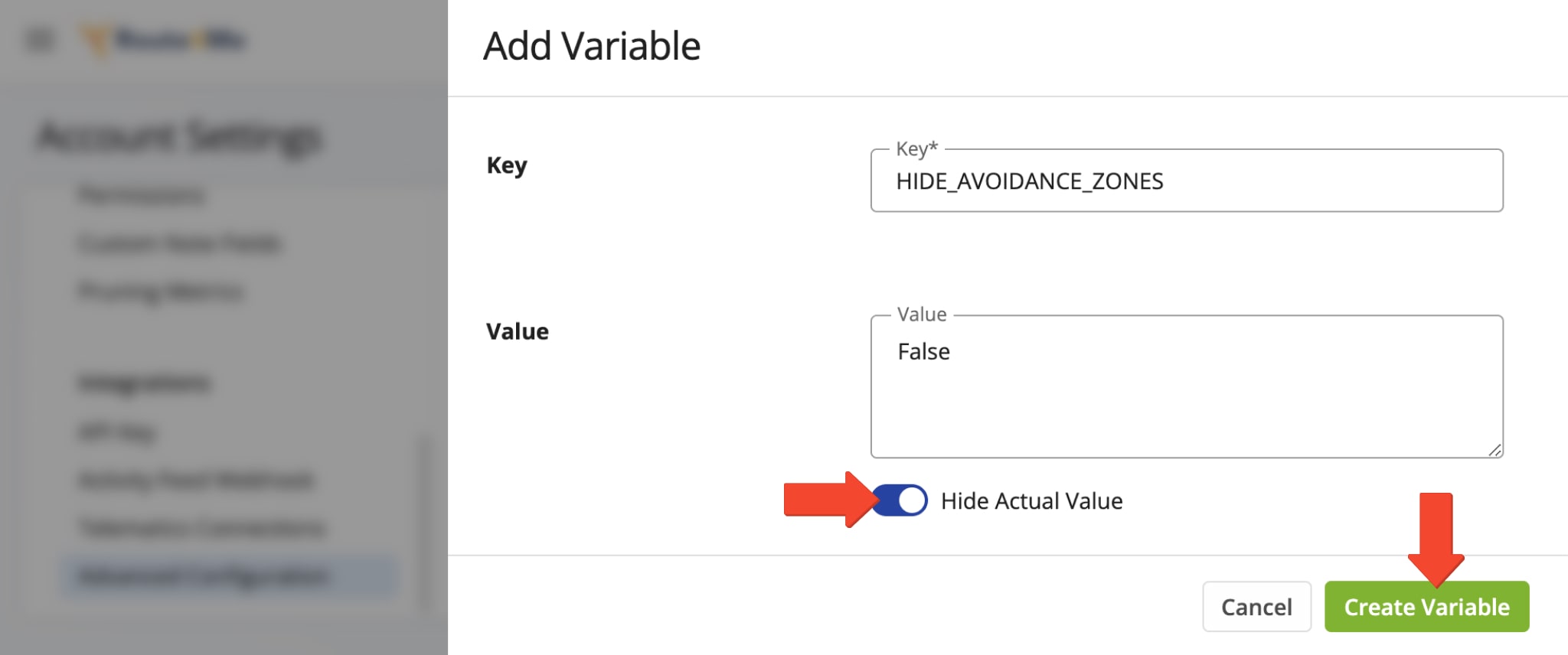 Add advanced configuration Key and Value to enable or disable the configuration for the Route4Me route planning account.