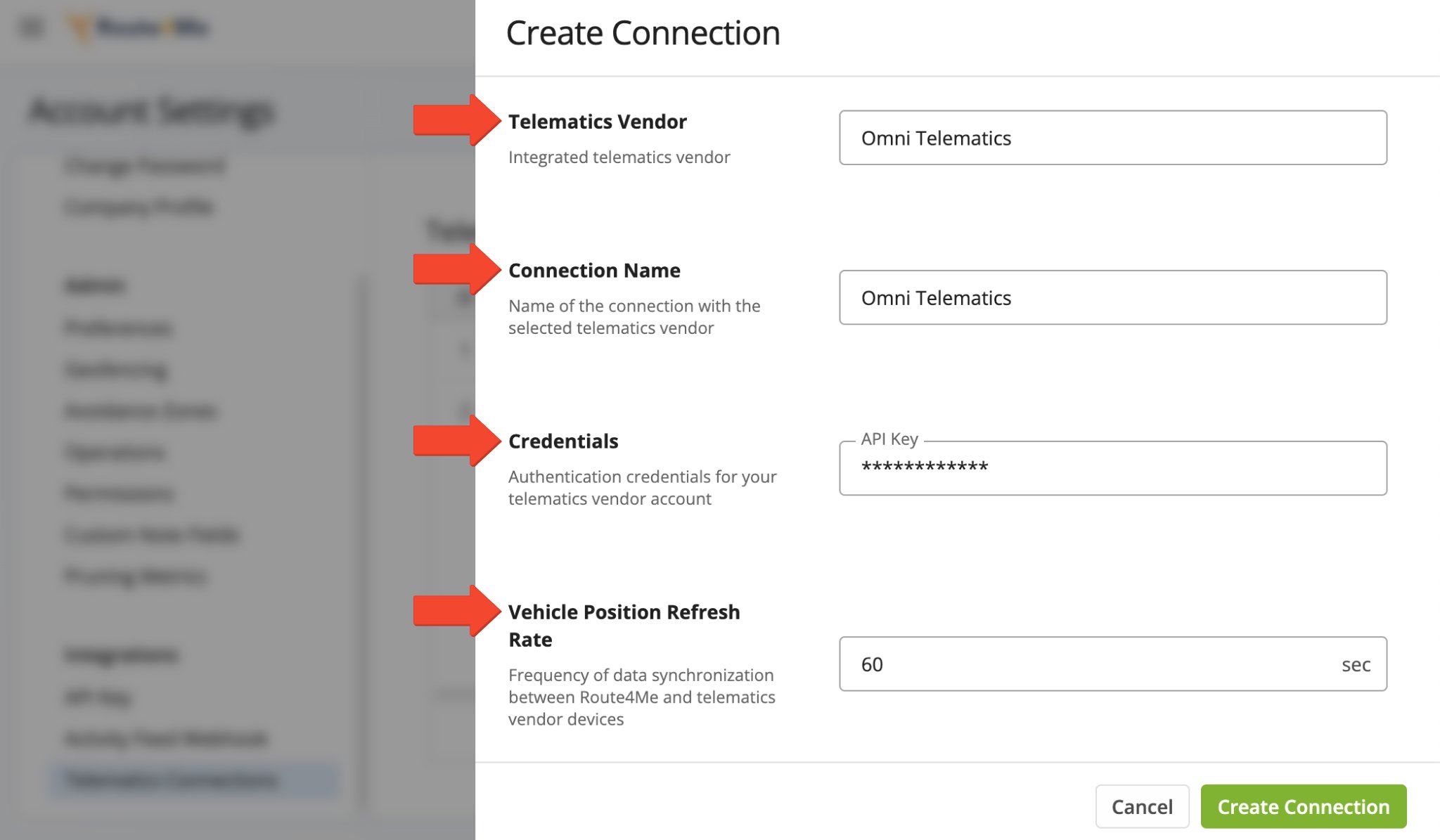 Add a connection by selecting Omni Telematics, entering a connection name, and setting the Vehicle Position Refresh Rate in the pop-up window.