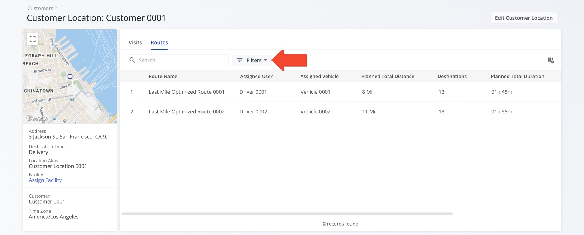 Use filters in the Visits or Routes tab to quickly find the relevant data.