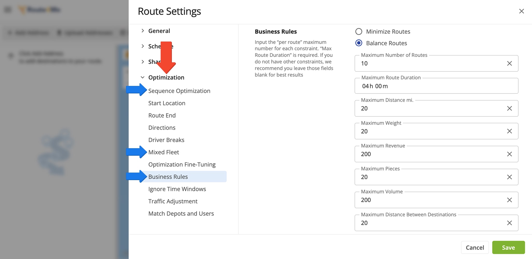 Manual route optimization settings for one or more drivers.