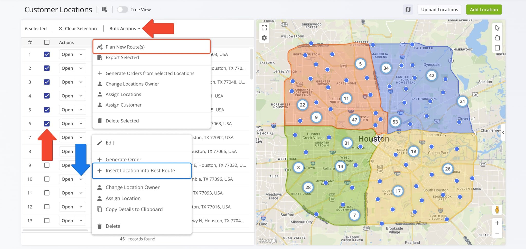 Select customer addresses and click 'Plan New Route(s)' to open the Route Planner and optimize your route.
