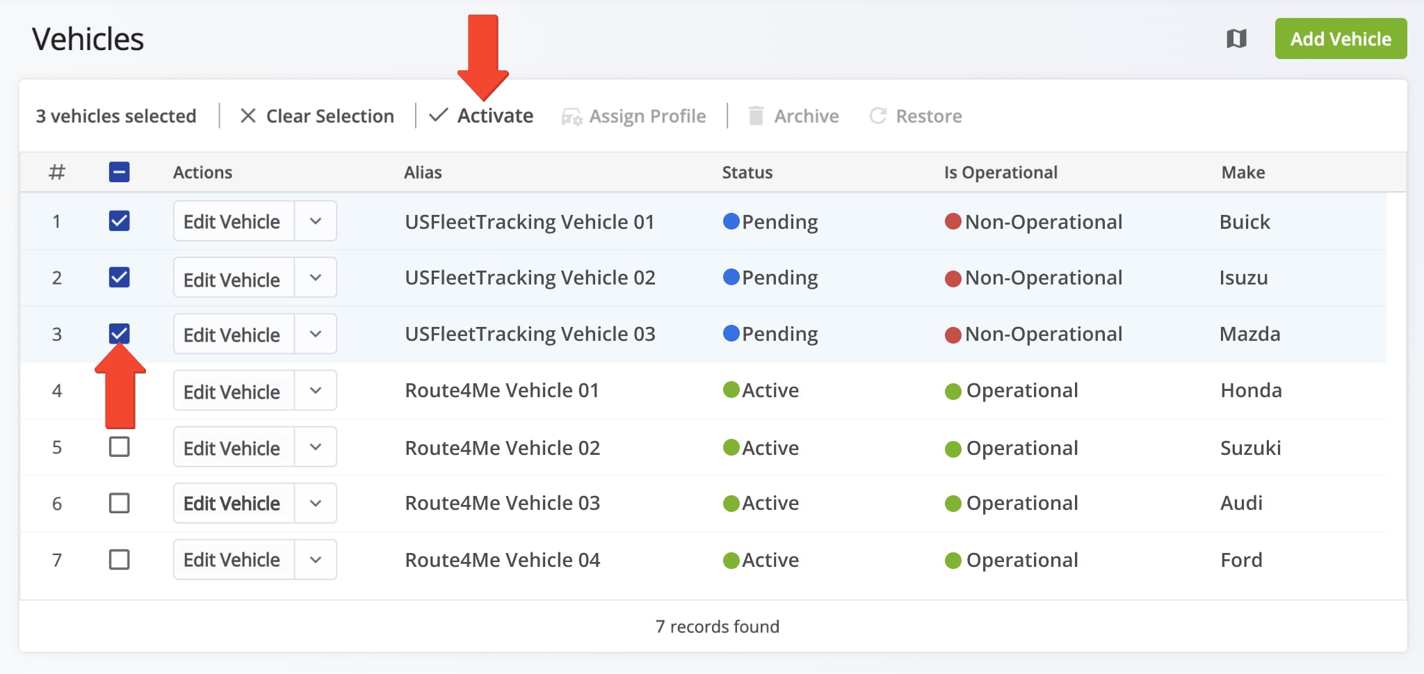 View and manage USFleetTracking telematics vehicles in your Route4Me Vehicles page.