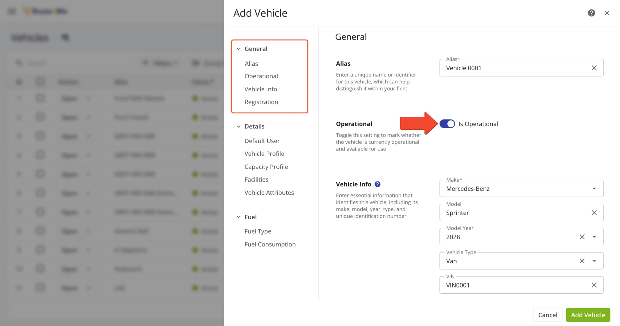 Fill out the vehicle
