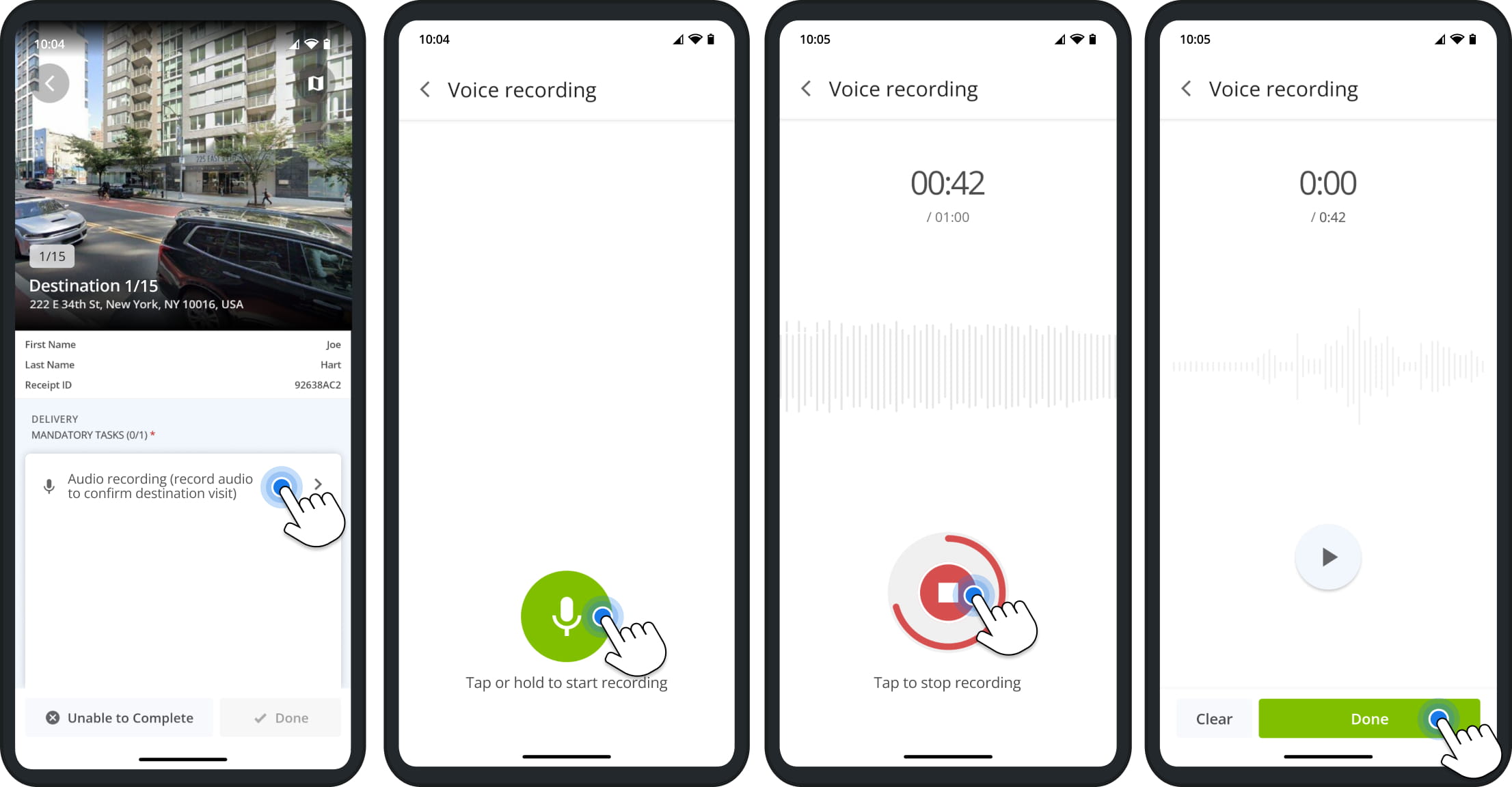 Route4Me driver app Audio recording task: tapping the task, starting and stopping a voice recording, and tapping Done to attach it.