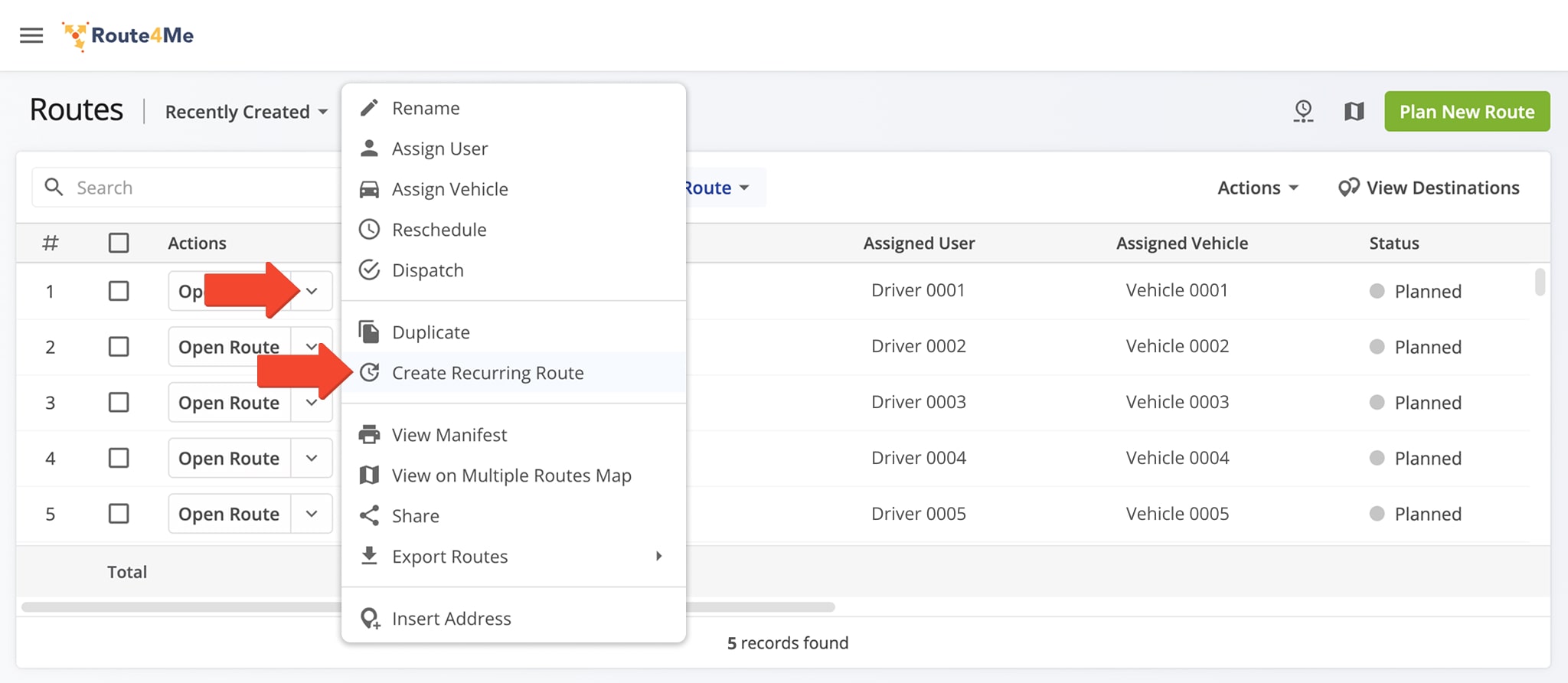 To create a Recurring Route, choose or create a Master Route using the Routes List, Map, or Editor.