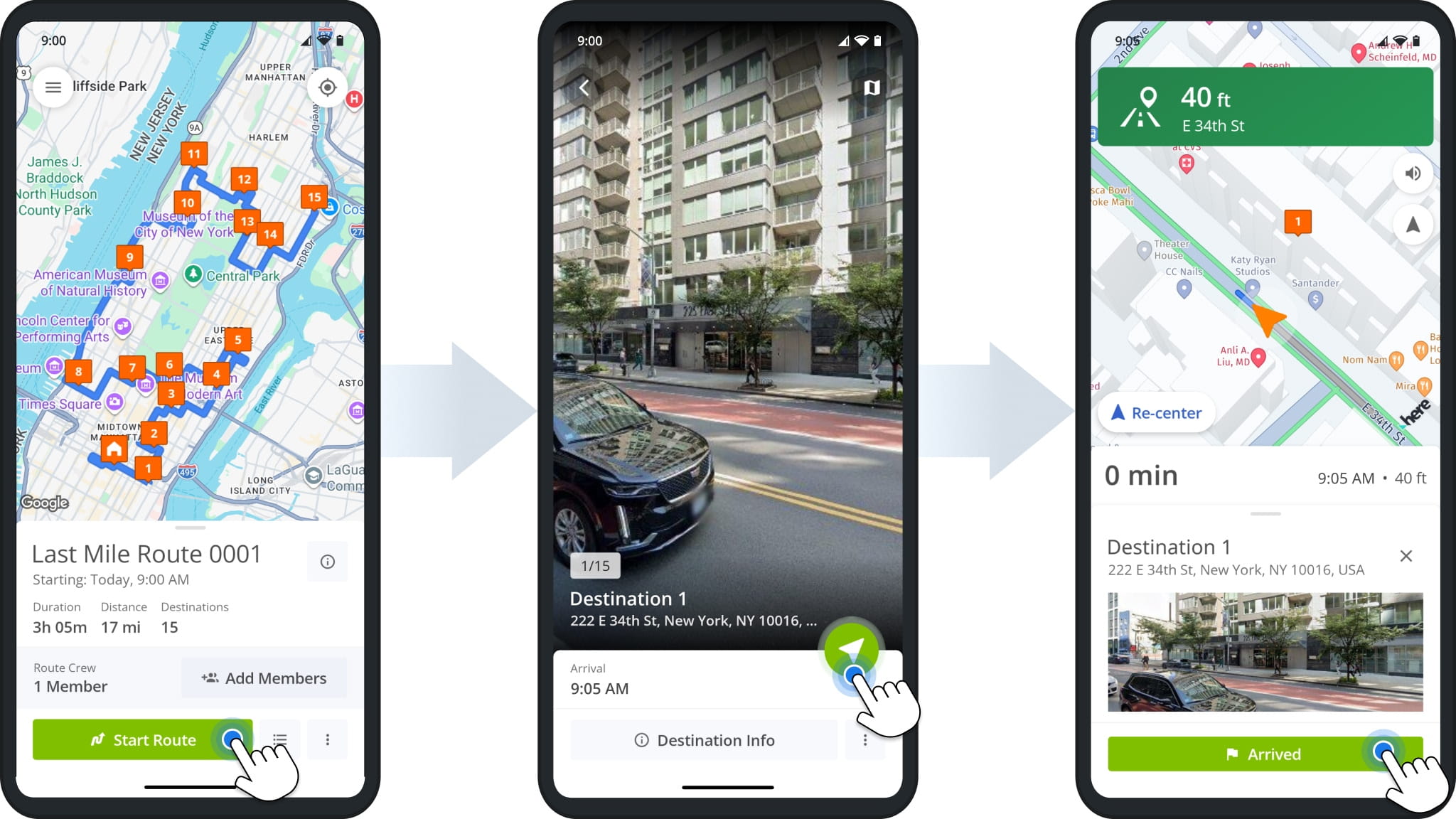 To collect proof of visit and delivery, first start route navigation and arrive at a Destination. The app will automatically expand the navigation panel to show the Arrived button. Tap it to proceed.