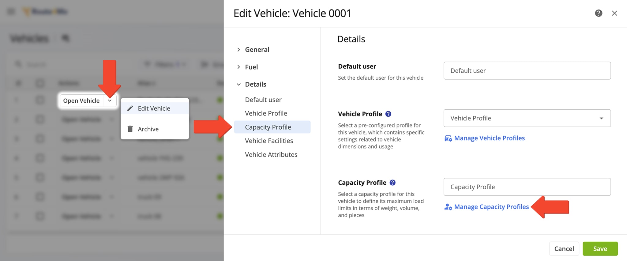 To plan routes for vehicles with different load capacities, you need to create Vehicle Capacity Profiles. Then, Route4Me will automatically compute the capacity of each vehicle.