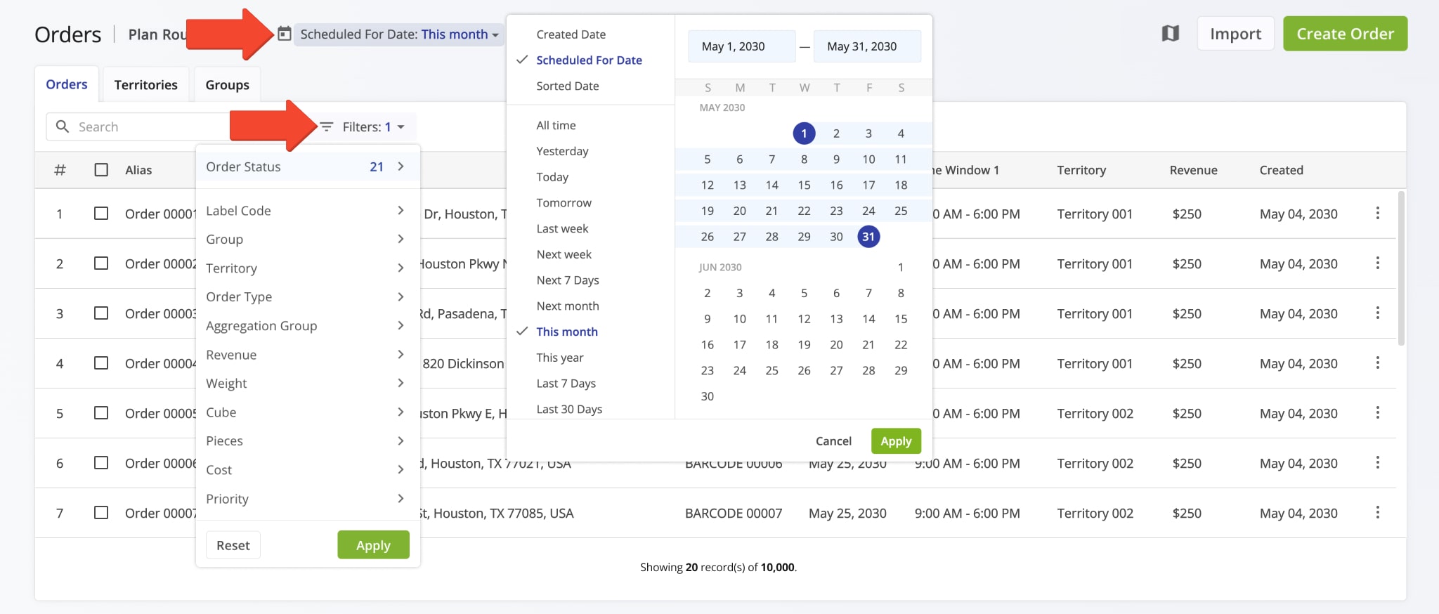 Filter orders by Scheduled For Date and any preferred custom filters so you can see only the most relevant orders for your route planning needs.