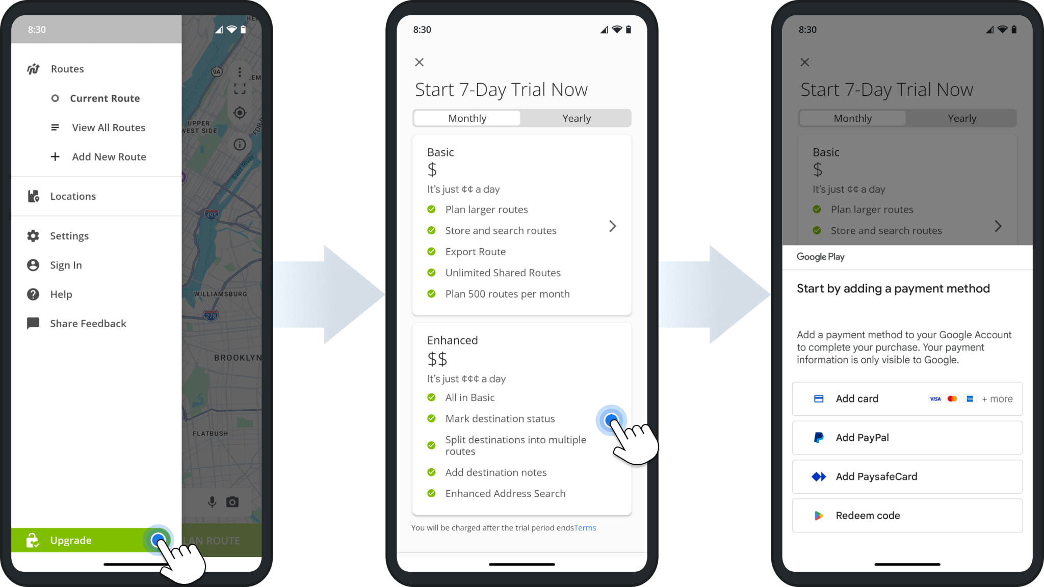 Upgrade your Route4Me Android subscription from get started to paid plan for unlimited stops.