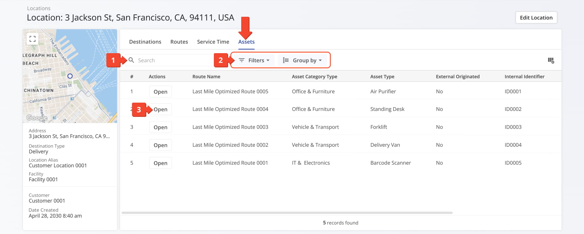 The Assets tab offers an overview of all assets associated with a Location.