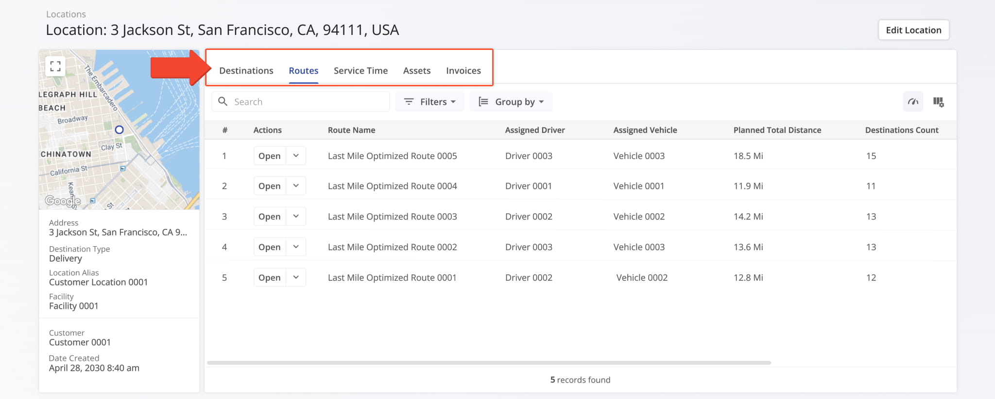 The Snapshot includes two data tabs, Visits and Routes, for viewing key location activity.