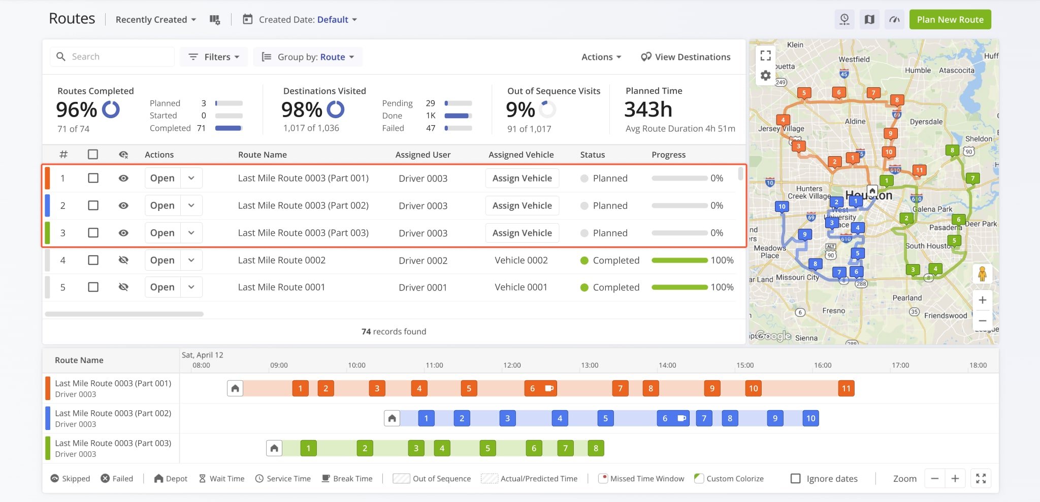 Optimized routes inherit the Route Name and are scheduled for the Start Time specified in the Optimization Profile and have the corresponding user and vehicle assigned to them.