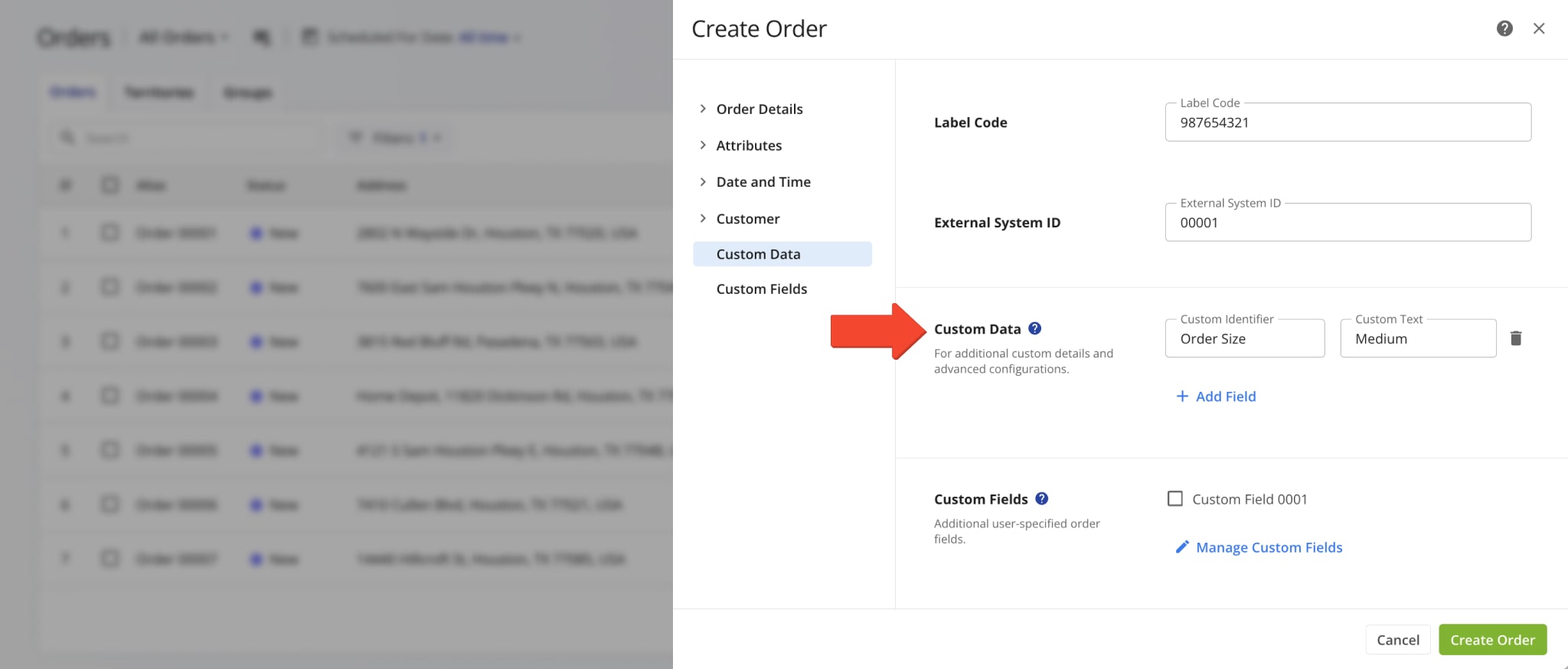 Adding Custom Data to assign custom order attributes and parameters to orders in Route4Me's Delivery Management System.