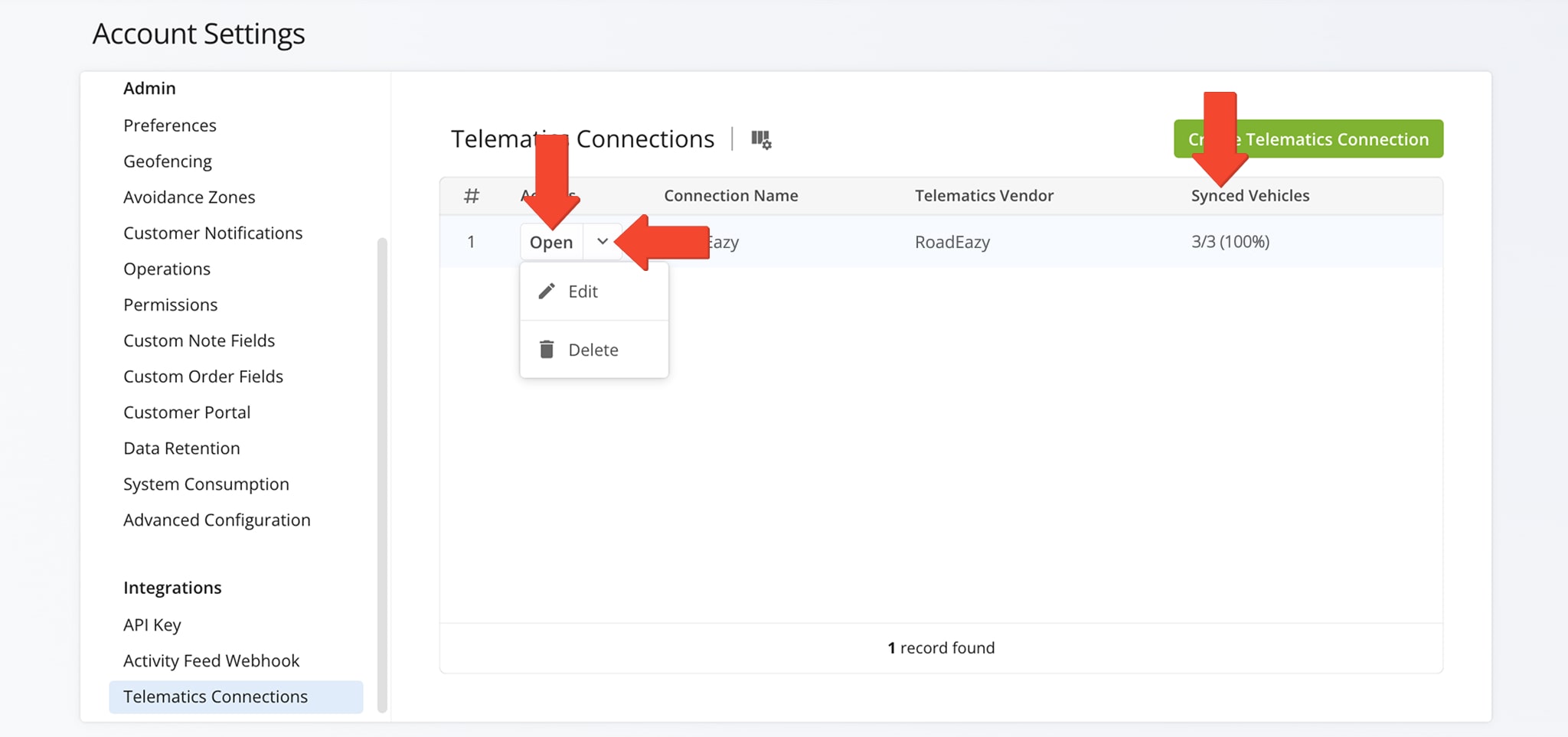  Once the telematics connection is established, it appears on your Telematics Connections page, showing the synced vehicle percentage in the 'Synced Vehicle Count' column.