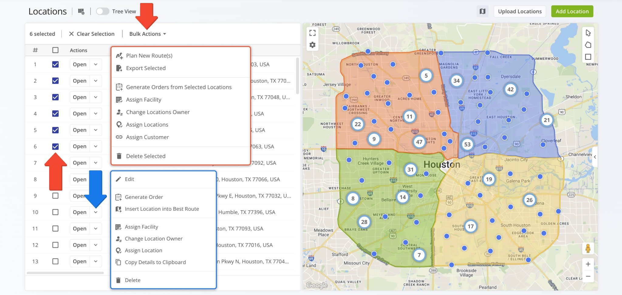 To modify a Customer Location, click the 'Edit' button or the Down Arrow to access additional actions.