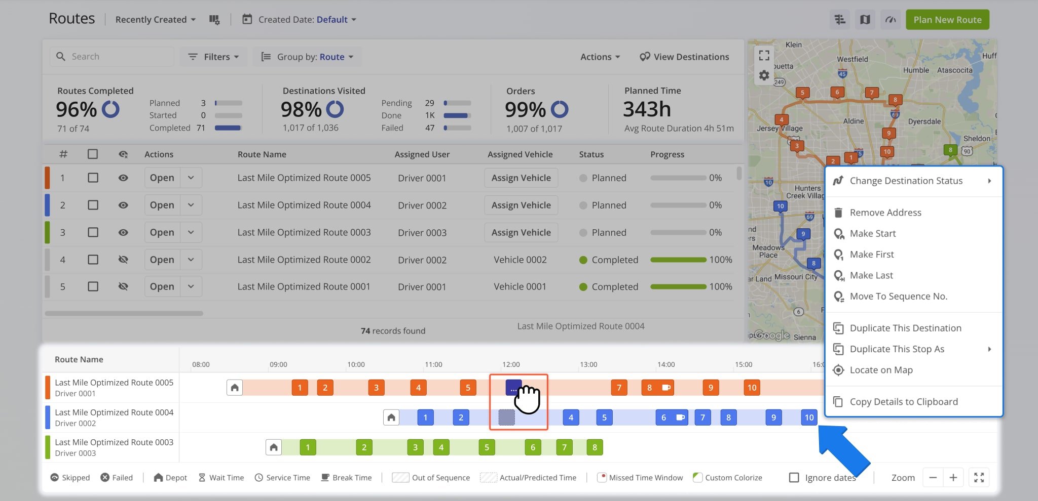 Right-click any destination to change its status, adjust its sequence, duplicate it, or locate it on the map.