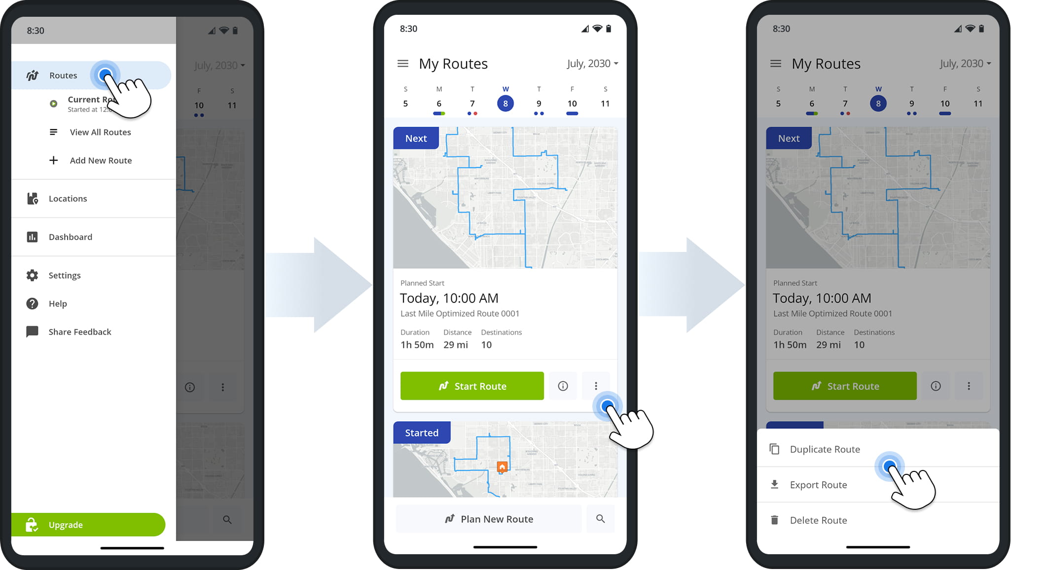 Perform route management tasks by clicking the Three-dot Icon next to a specific route.