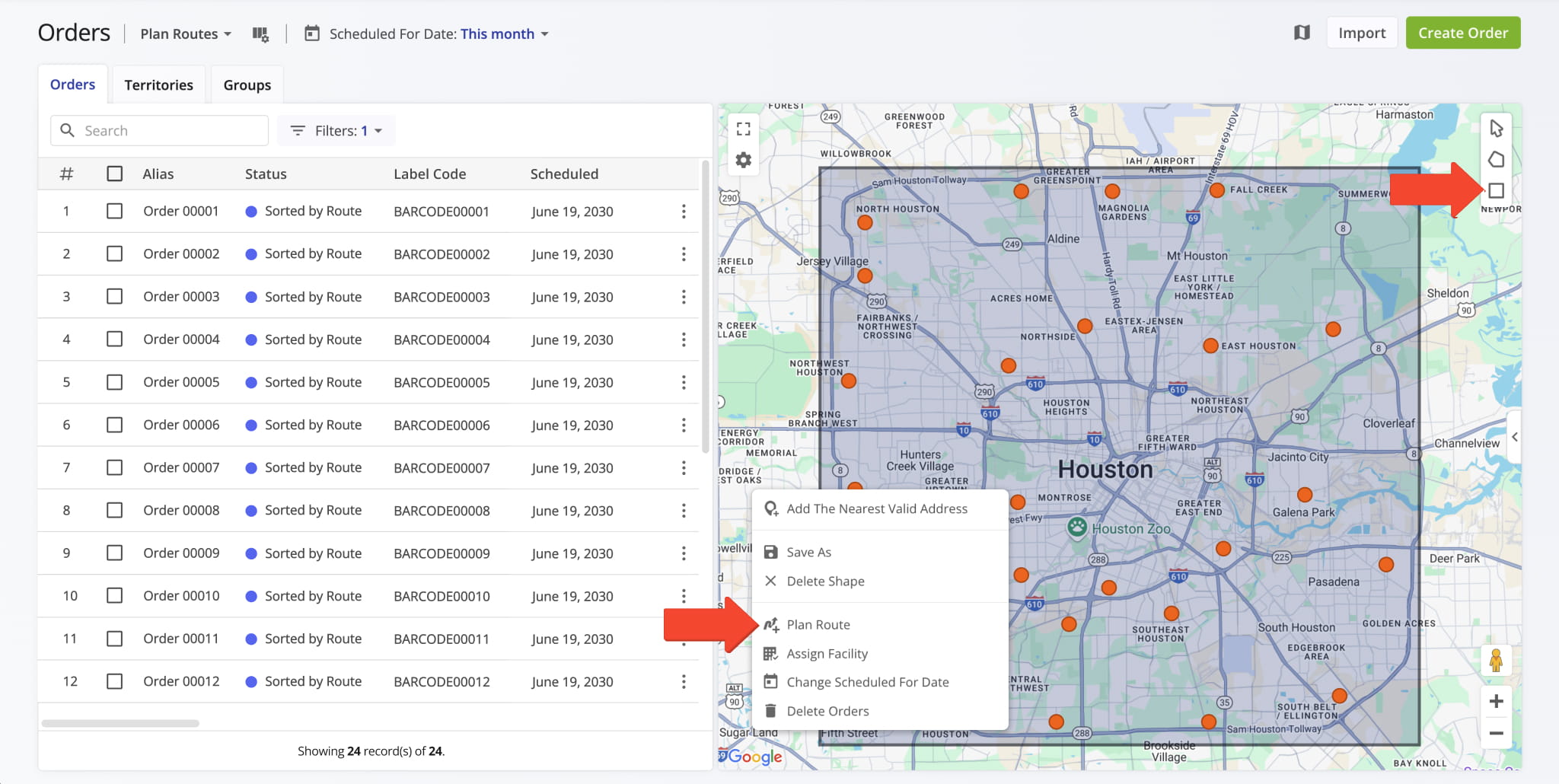 Easily plan routes with orders by drawing a shape around the preferred orders on the Orders Map and seamlessly planning a route.