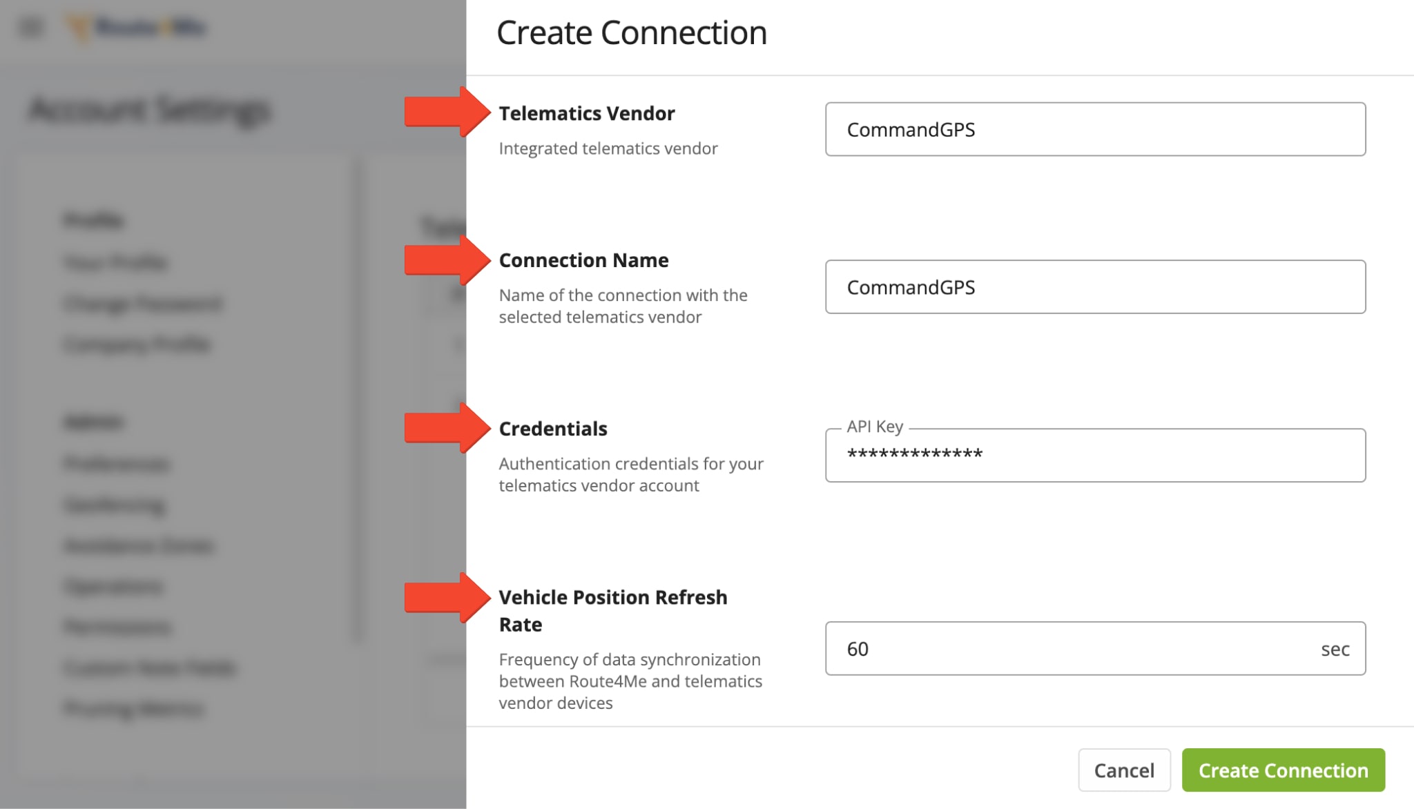 Add a connection by selecting CommandGPS from the Telematics Vendor dropdown, entering a connection name, and setting the Vehicle Position Refresh Rate in the pop-up window.