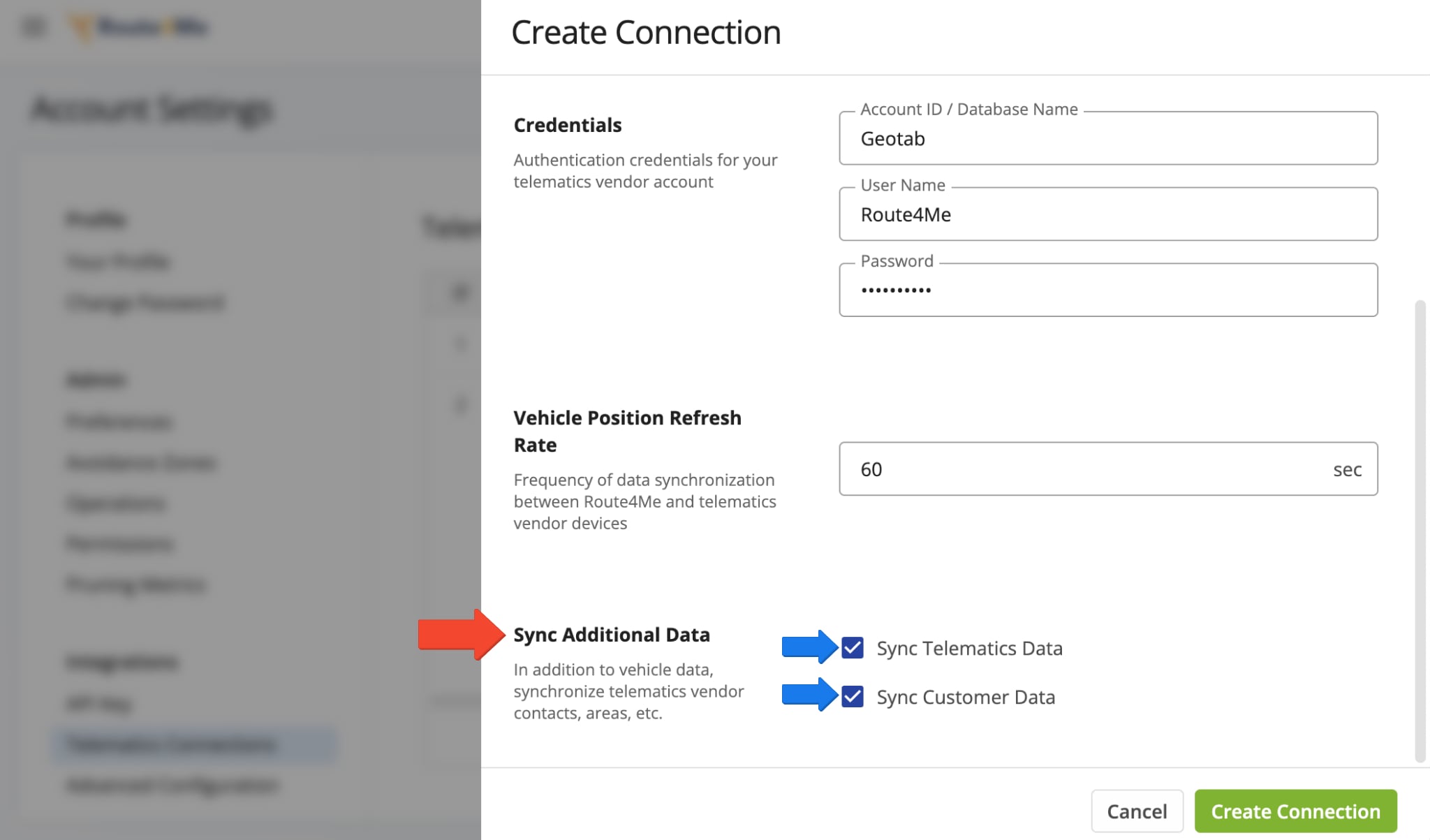 Choose whether to sync telematics vehicle data, customer data, or both when establish a Geotab telematics connection.