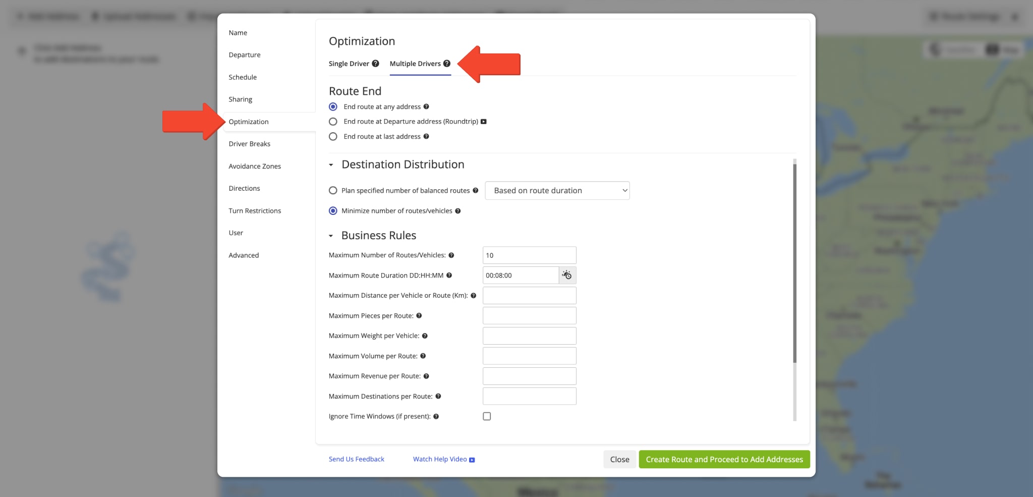 If Legacy Route Settings are available on your account, you'll find the Single Driver, and Multiple Drivers sections in the Optimization tab.
