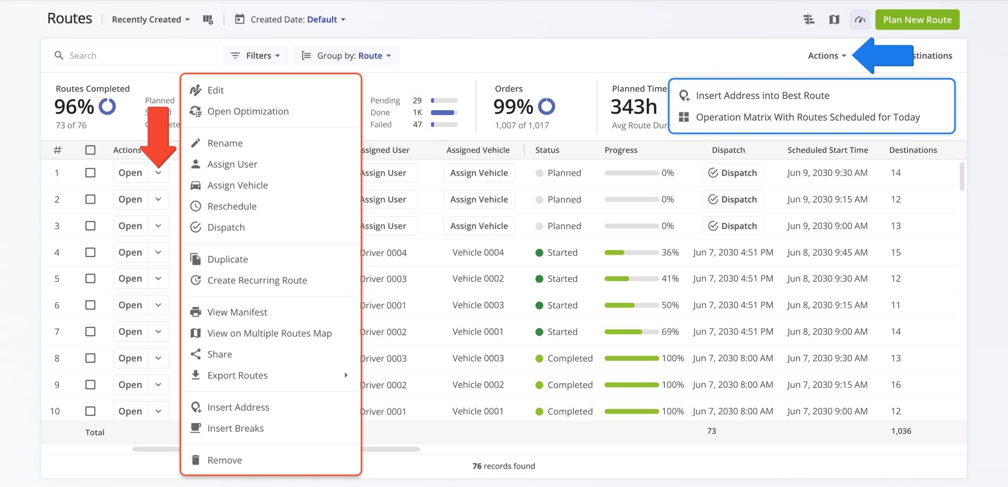 Access route management options directly from your Routes List by clicking the Down Arrow next to Open Route or right-clicking the preferred route.