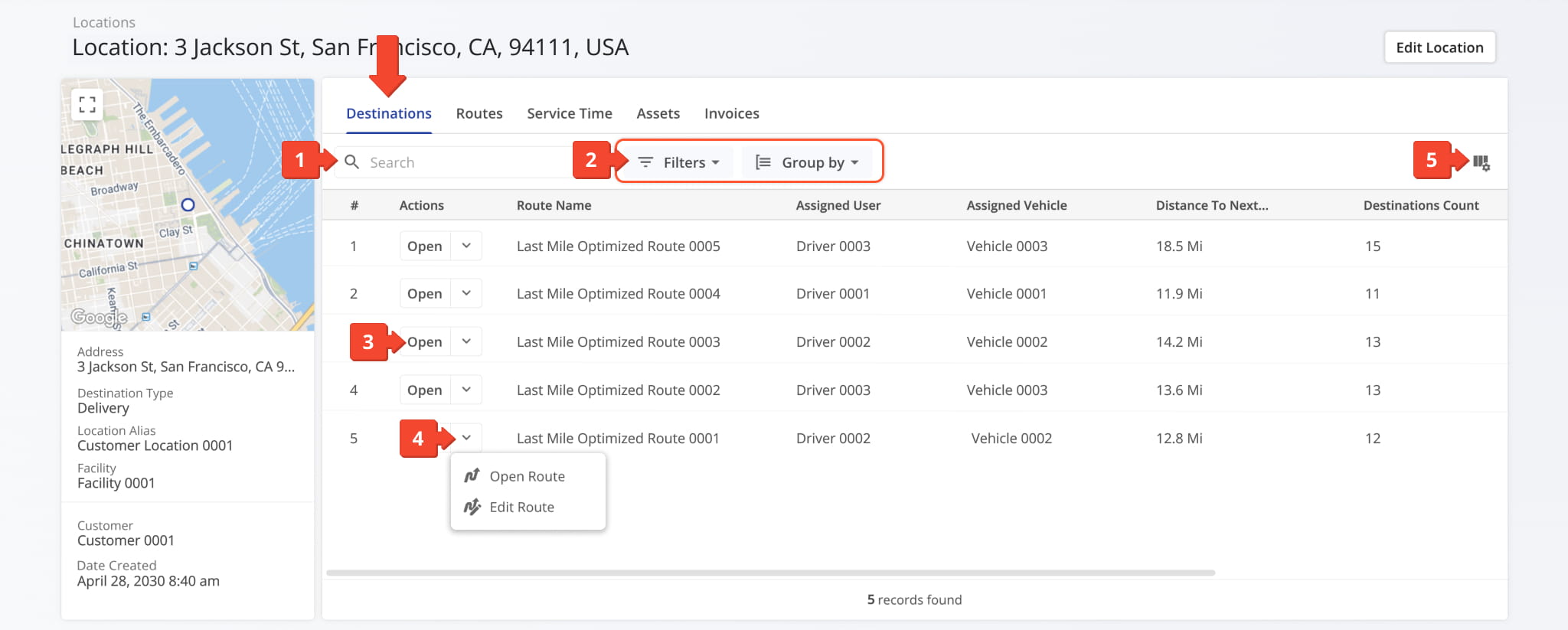 From the Routes tab, you can view all route-related data associated with the location.