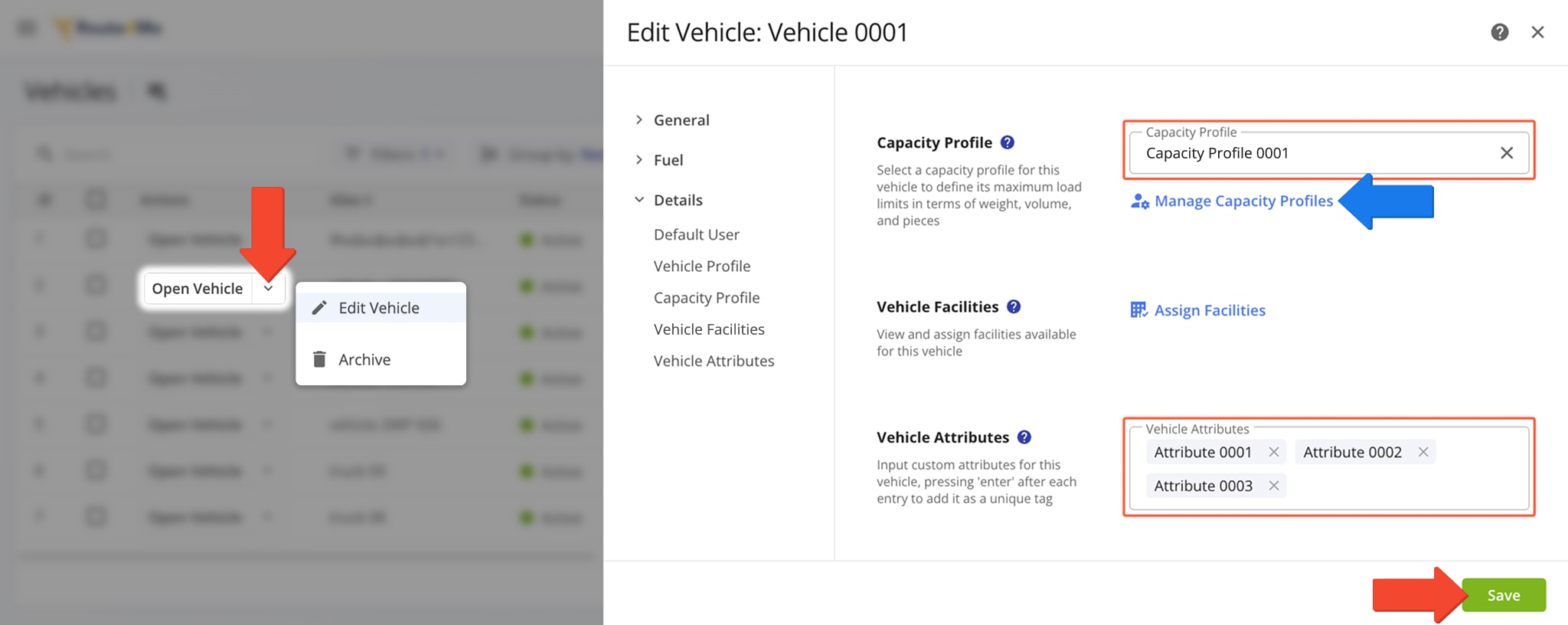 Assign Capacity Profiles and Vehicle Attributes to your vehicles to use Mixed Fleet together with Driver Skills and Vehicle Attributes.