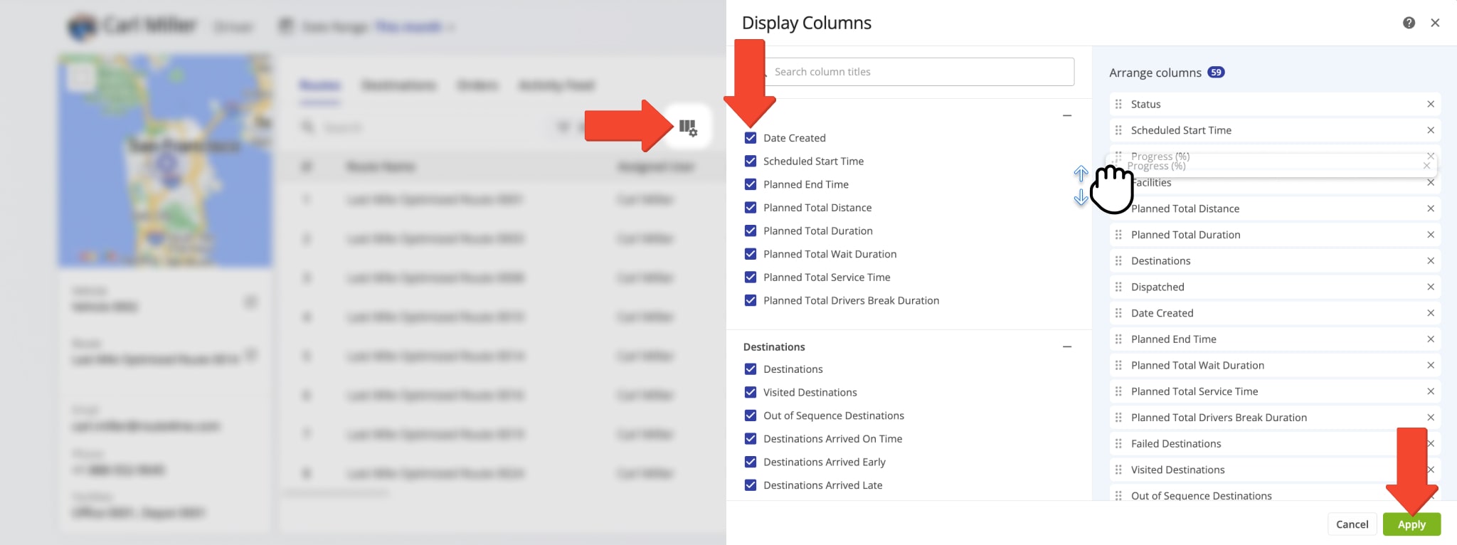 To customize the data columns displayed in your User Snapshot, click the Display Columns Icon and check the boxes next to the columns you want to enable.