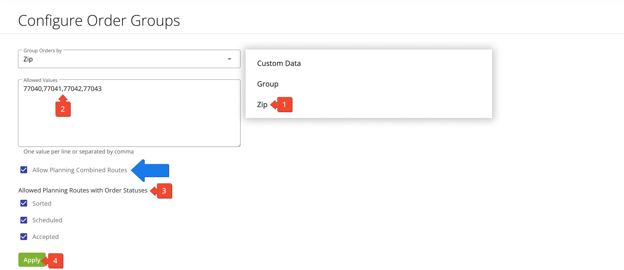 Group orders by ZIP code to create custom Order Groups for repeat route planning and optimization.