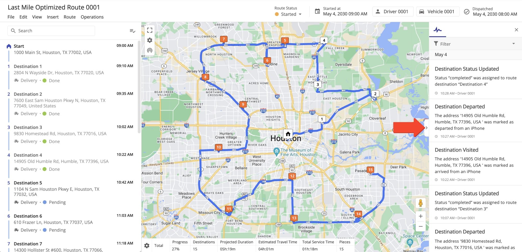 Activity Feed in Route Editor shows route events completed in real-time: added and removed stops, assigned driver and vehicle, attached proof of visit and delivery, added stop statuses, and more.