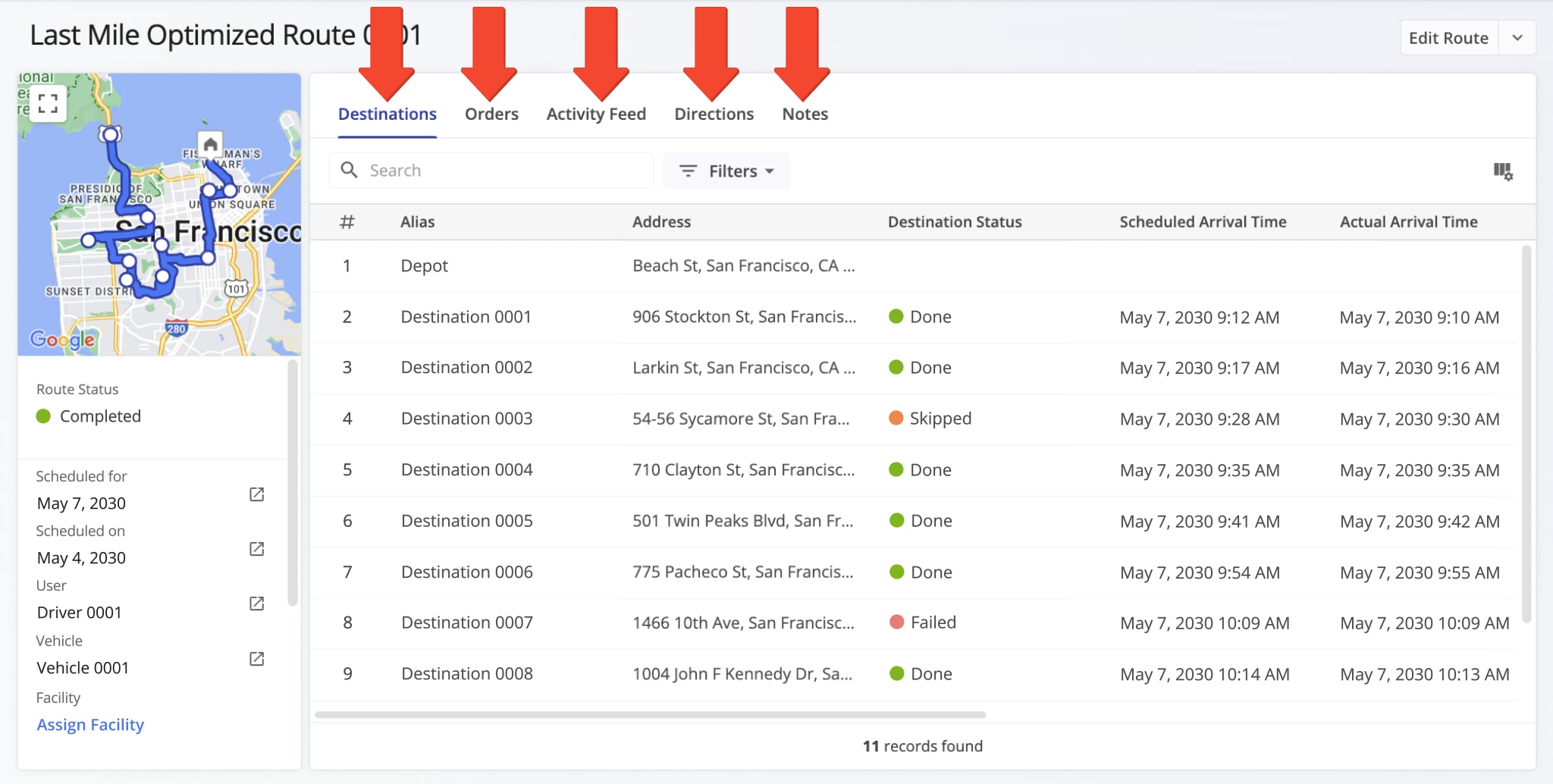 The Route Snapshot has different tabs corresponding to the type of associated data. The Destinations tab is open when you access a Route Snapshot to give you a detailed look at the route