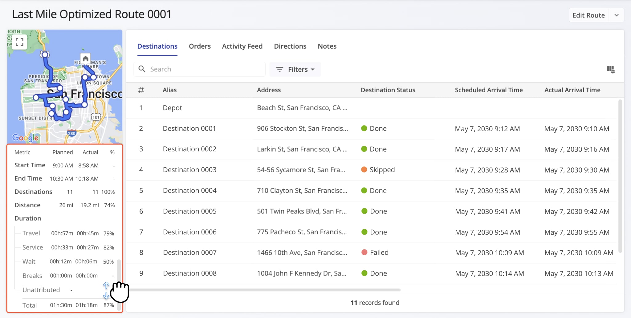 Scroll down in the Route Summary panel to see route duration and distance metrics.