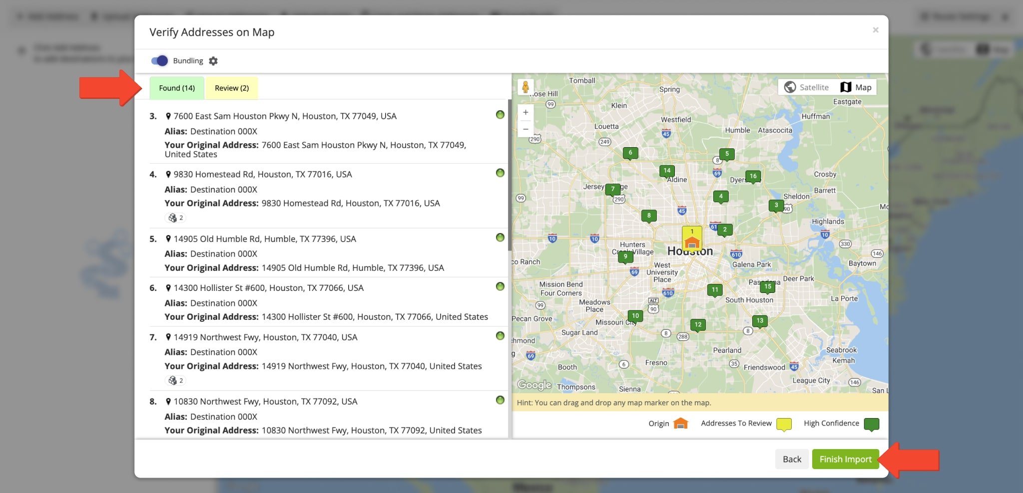 Automatically geocode and autocorrect route addresses using the interactive map.