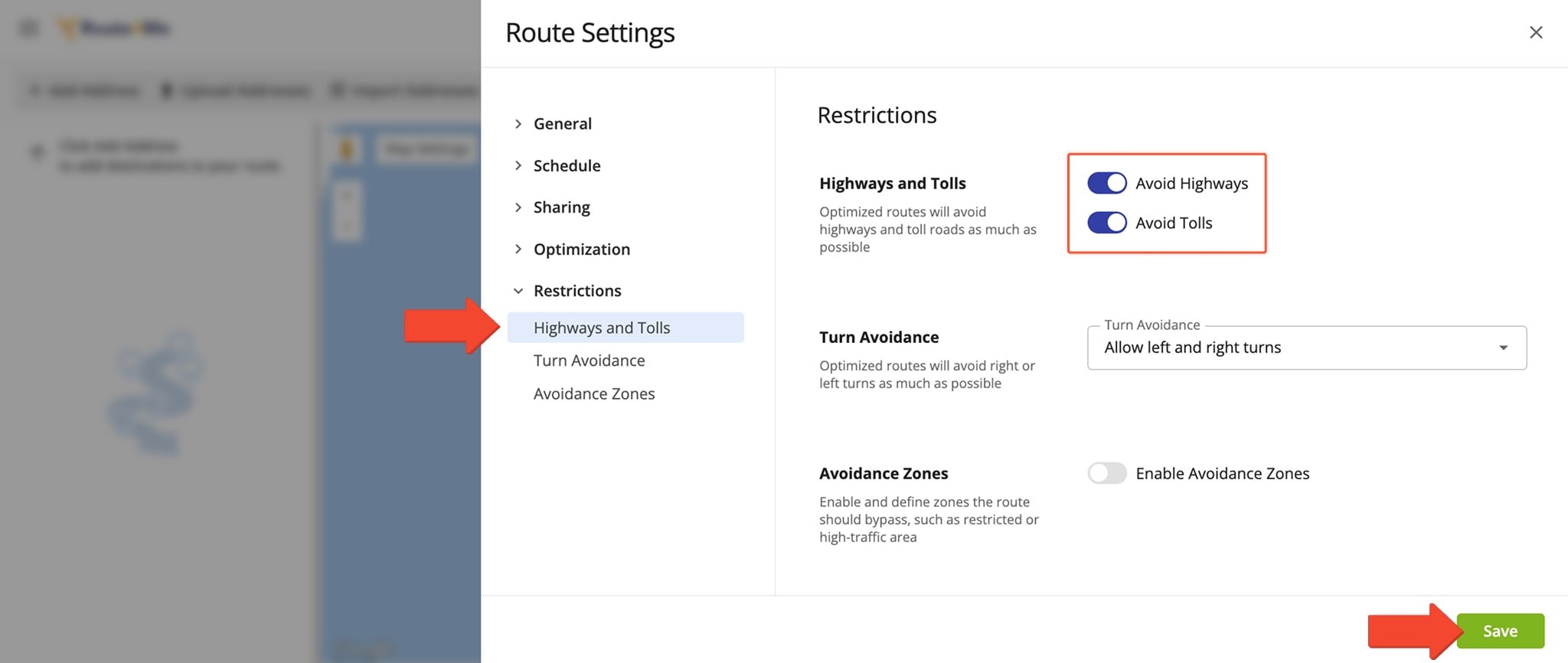 Route4Me also lets you enable Highways and Tolls Avoidance in your manual optimization settings when planning a route.