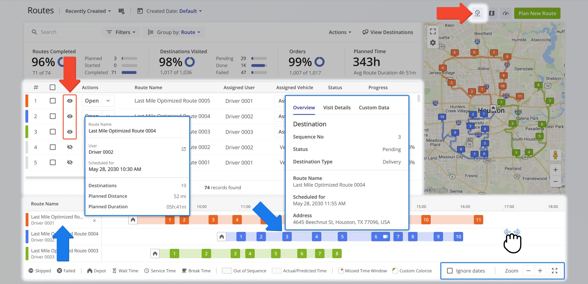 You can get an overview of the destination sequences of your selected routes according to their respective schedules with the Routes Timeline.