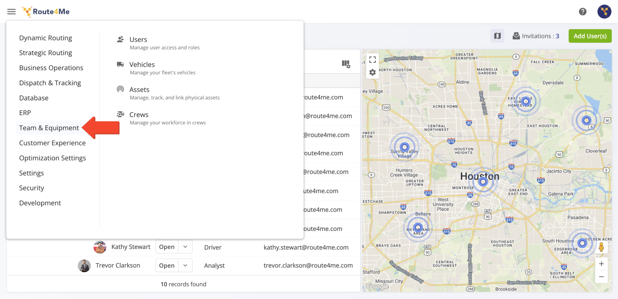Build a structured User Hierarchy with Managers, Route Planners, Dispatchers, Drivers, etc. and manage your vehicle fleet, assets, and equipment.