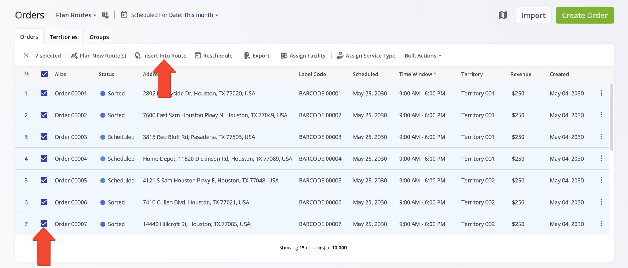 You can select orders and insert them into planned and optimized order routes.