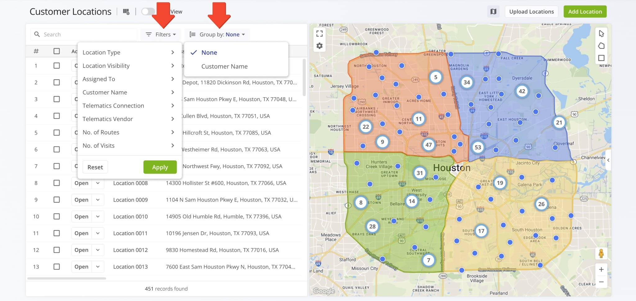 If you have many Customer Locations, click 'Group by' to quickly search for specific customers.