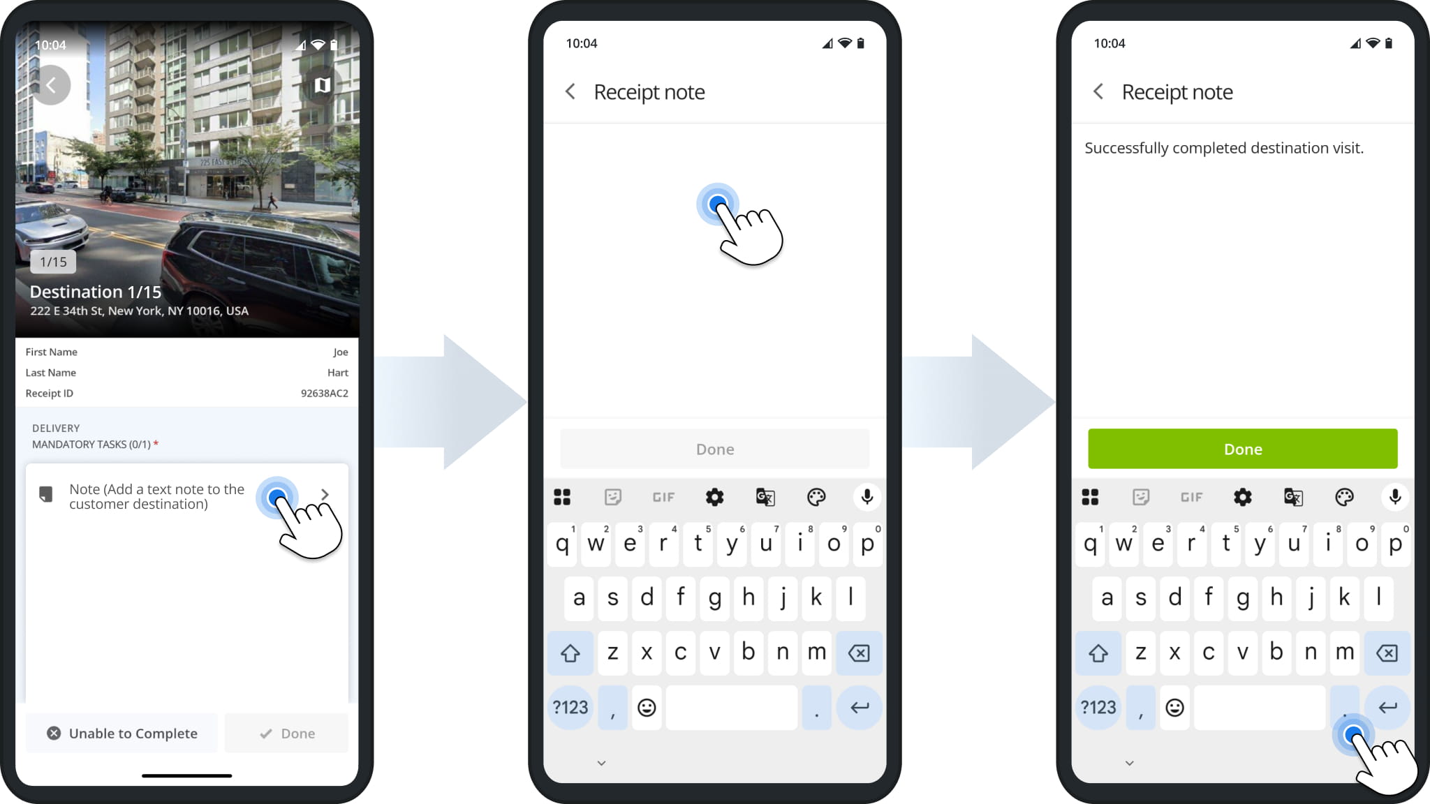 Route4Me driver app Receipt note task: tapping the task, typing a receipt note confirming the completed visit, and tapping Done to save it.