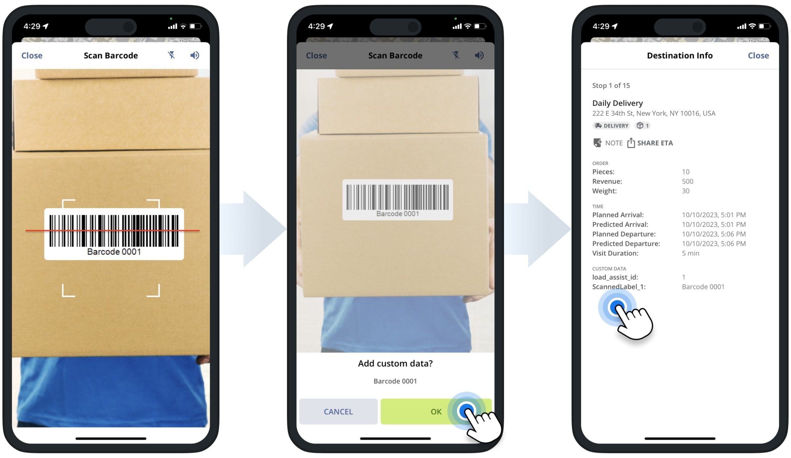 Scan SKU barcodes to reconcile SKU labels on optimized direct store delivery routes.