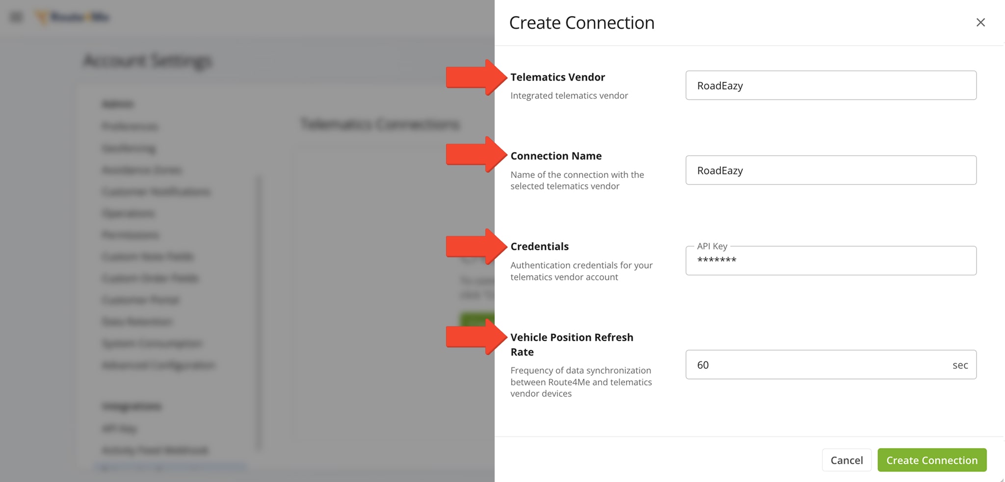 Select Roadeazyl from the Telematics Vendor dropdown, name the connection, enter your credentials, and set the Vehicle Position Refresh Rate.