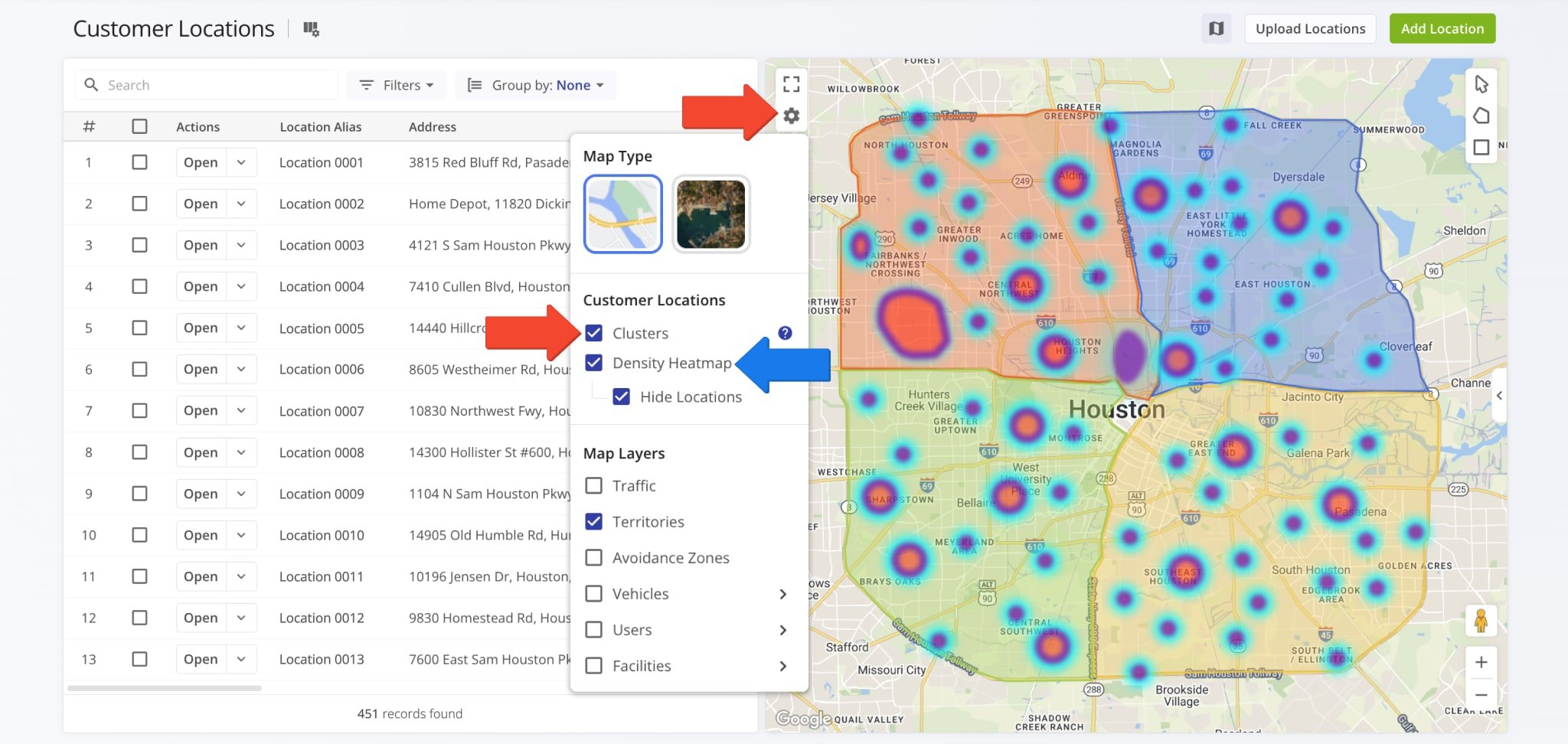 Click the Gear Icon to adjust map settings, including clusters for under 1,000 locations and Heatmap display with optional pin visibility.