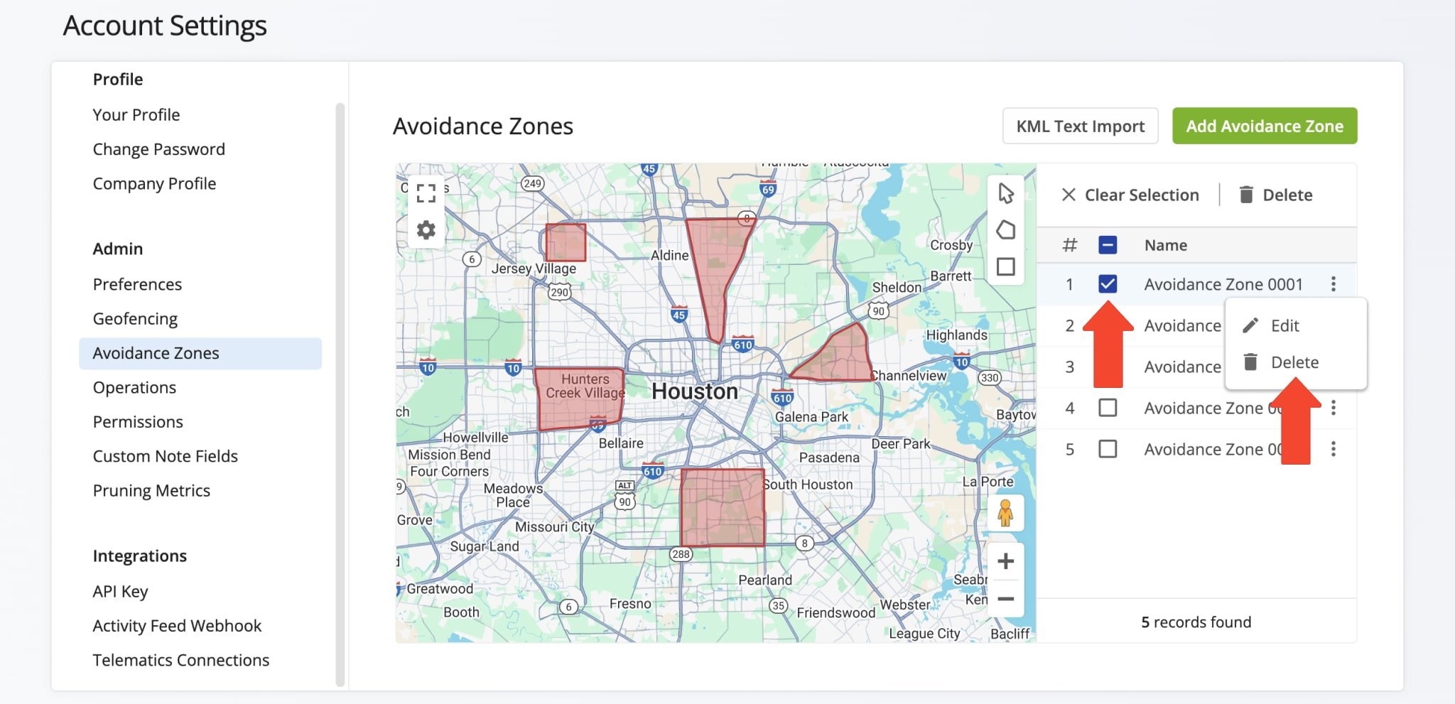 Delete an Avoidance Zone by using the Three-Dot Icon or selecting the Zone's checkbox and clicking 'Delete'.