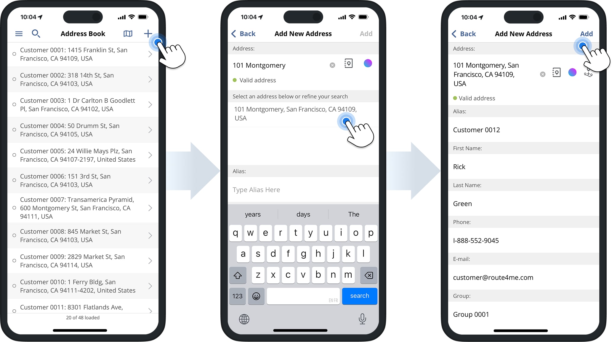 Enter a partial address and Route4Me will suggest a geocoded full address option.