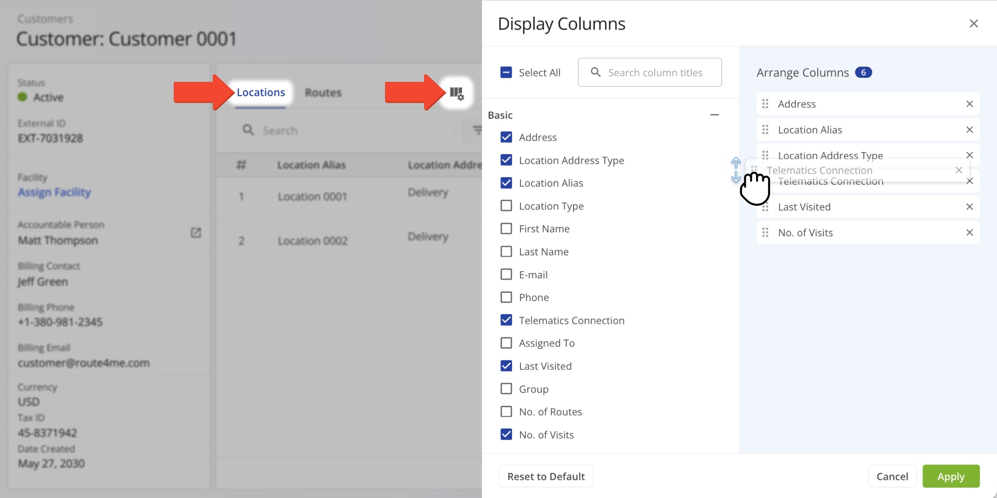 Customize locations data by selecting columns to display.