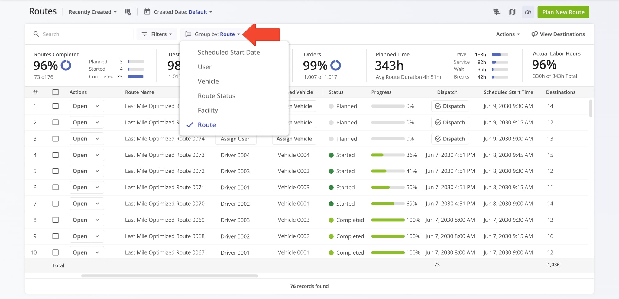 Your filtered Routes List can be refined further by grouping routes according to shared attributes or details. Group routes by driver, vehicle, scheduled start date, and route status.