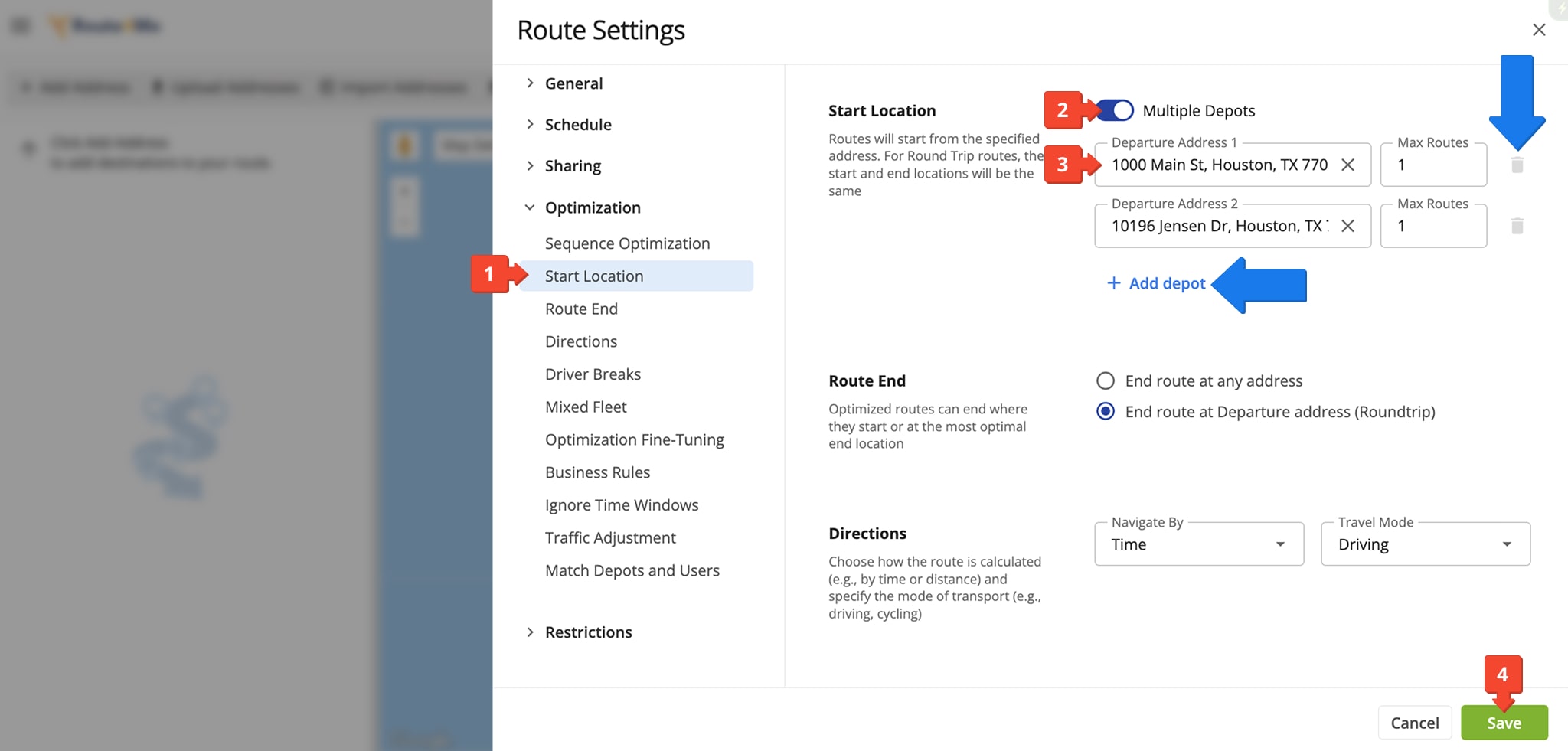 Specify multiple depot addresses in your manual optimization settings when you plan routes.