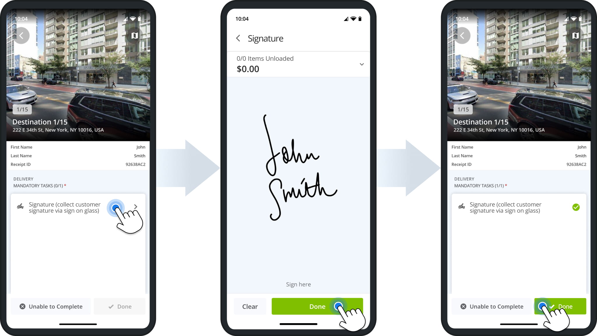 Route4Me driver app Signature task: tapping the task, collecting the customer signature on screen, and tapping Done once the task is complete.